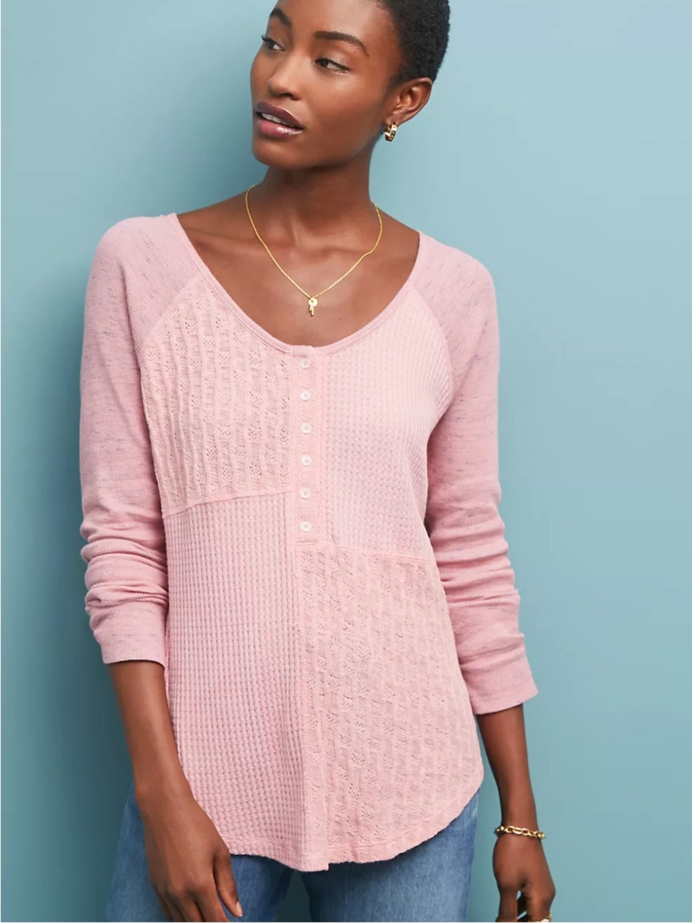 Anthropologie Saturday Sunday Patchwork Waffle Knit Henley Top Pink S